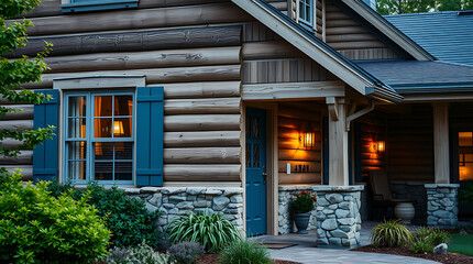 Exterior View of Log Cabin Home at Dusk
