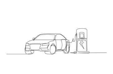 Electric car and charging stations in continuous one line drawing. Electric car charging in stations single line art illustration. Editable vector.