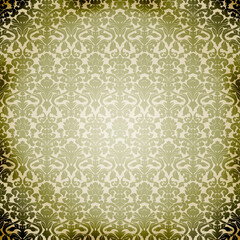 Vintage green damask wallpaper background with vignette edges. Perfect for antique invitations, posters, decorative backdrops, and classic interior design concepts.