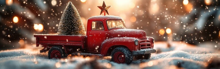 A toy red truck carrying a Christmas tree, surrounded by snowy decor and festive lights. Perfect for holiday, winter, and nostalgic themes.