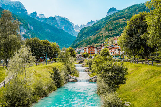 Molveno town and Molveno lake, an alpine lake in Trentino, Italy