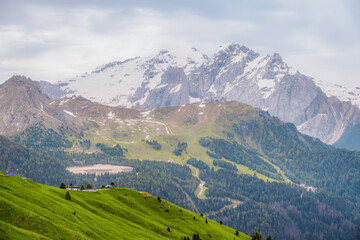 Fototapeta premium Sella alpine pass and high mountains, Dolomites, Italy, Europe
