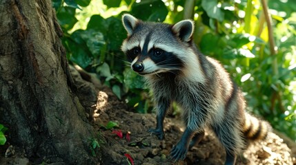 Curious raccoon exploring lush greenery in a vibrant natural habitat under soft sunlight during the day
