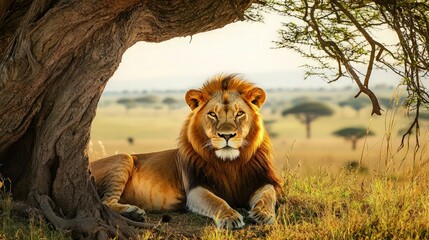 Naklejka premium Majestic male lion resting under acacia tree in African savanna at sunrise.