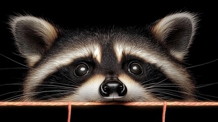Curious raccoon peeking over a wooden fence in a dark background, showing intricate fur and expressive eyes