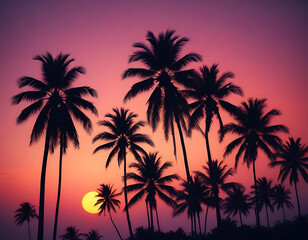 Obraz premium Palm trees silhouetted against a tropical sunset.