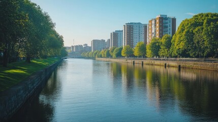 Calm river, city skyline, trees, morning light, reflection, urban landscape, travel, poster