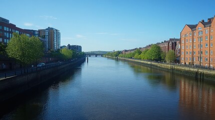 Naklejka premium River cityscape, sunny morning, bridge, reflection, urban travel