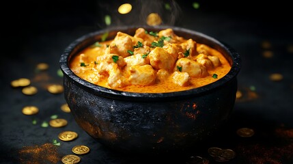 A Delicious 3D Render of Curried Chicken in a Rustic Bowl Surrounded by Glimmering Gold Coins, Perfect for Culinary Themes and Food Presentation Visuals