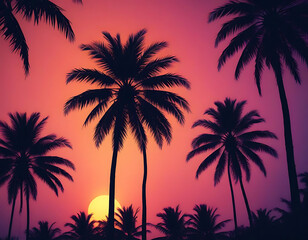 Obraz premium Palm trees silhouetted against a tropical sunset.