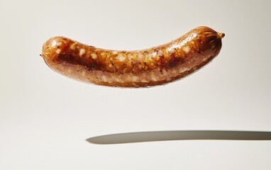 A plump sausage lightly hovering, casting a soft shadow on a clean white surface