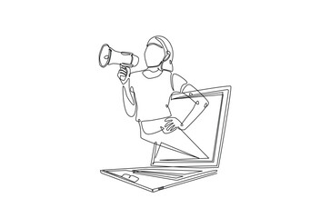 Woman holding megaphone come out from notebook drawing in continuous one line drawing. Note book and megaphone in single line art illustration. Editable vector.