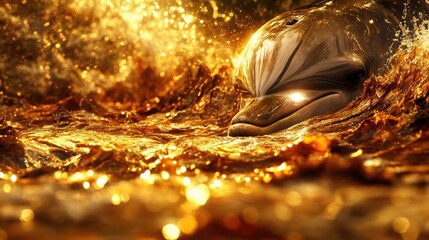 Obraz premium Beautiful Dolphin Swimming in Golden Waves with Sparkling Water Drops and Vibrant Light Reflections