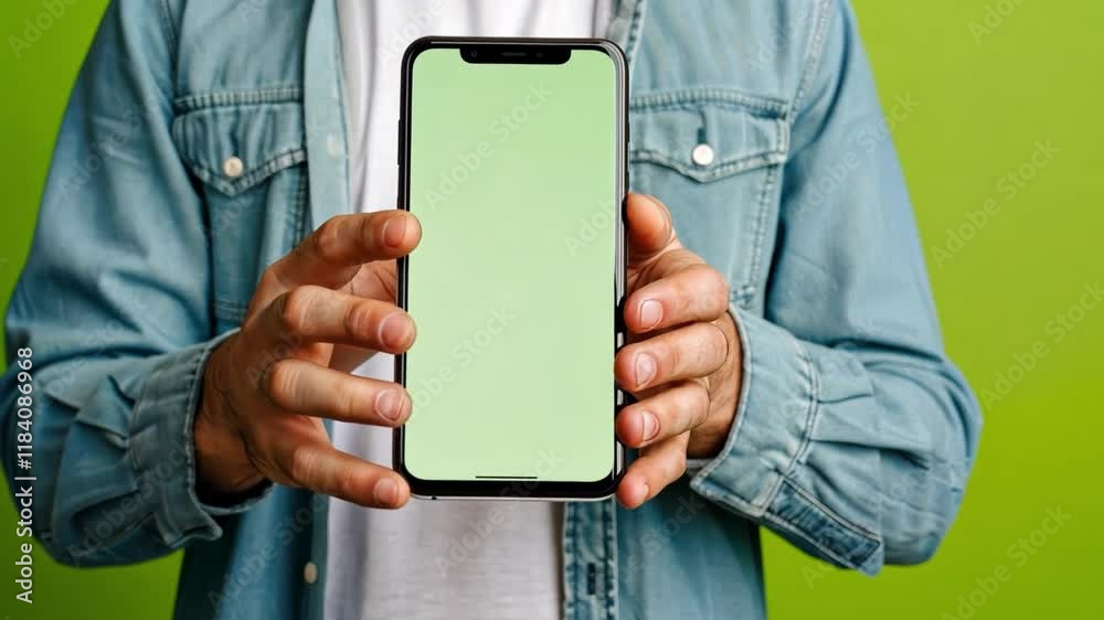 Poster individual is showcasing a smartphone with a blank screen, positioned prominently in both hands. the
