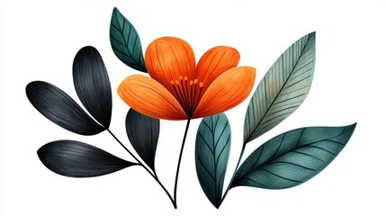 Bright Orange Flower with Green Leaves on a White Background