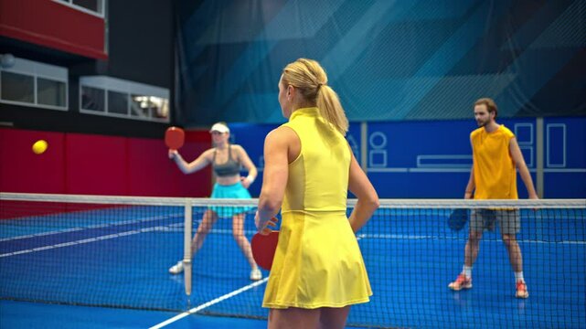 Two men and two women playing pickleball on a blue, inside court