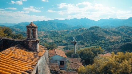 Panoramic view of old village rooftops, mountains in background