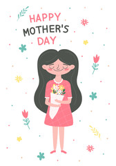 An illustration for Mothers Day featuring a girl holding a bouquet of flowers.