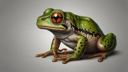Obraz premium Detailed digital illustration of a vibrant green tree frog, sitting, with large orange eyes, and speckled skin.