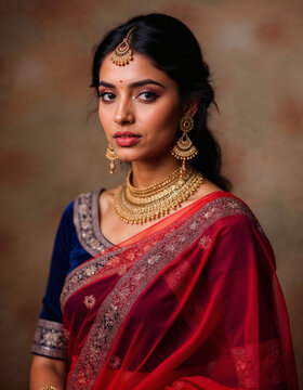 Portrait of beautiful woman in traditional saree in front of a heritage building	
