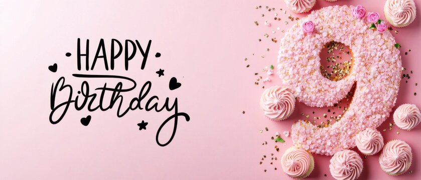 Delightful Pink Number Nine Birthday Cake with Cupcakes and Happy Birthday Message