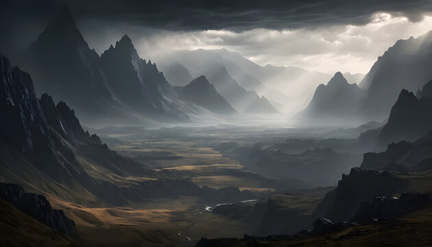 Dramatic valley landscape with dark mountains and sunlight. - Powered by Adobe