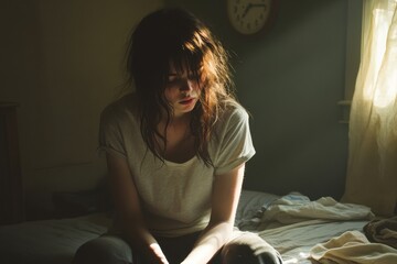Young woman sitting on unmade bed in dim room with worried expression