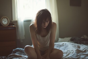 Young woman sitting on unmade bed in dim room with worried expression
