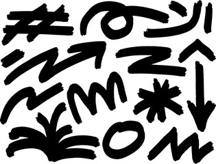 Abstract geometric grunge elements. Hand drawn doodle element set.  Abstract geometric shapes and bold brush lines vector collection. Ink blot abstract.