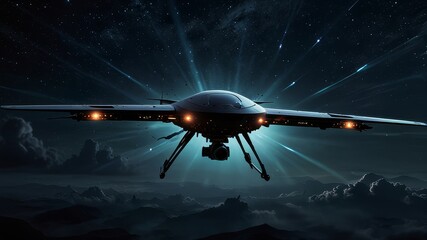 Fototapeta premium Military drones and mysterious UAPs hover in the night sky, their eerie lights reflecting an unsettling mix of extraterrestrial intrigue and shadowy human ...
