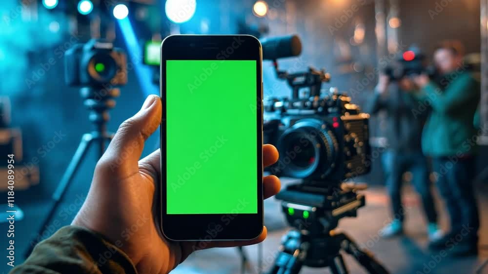Poster a person holds a smartphone displaying a green screen while a camera is prepared for filming. two ad