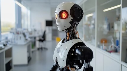 Fototapeta premium A sleek humanoid robot with glowing LED eyes, standing in a high-tech laboratory