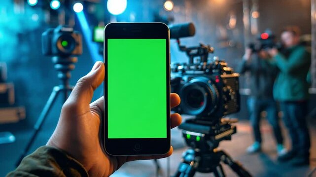 A person holds a smartphone displaying a green screen while a camera is prepared for filming. Two additional crew members are positioned in the background, ready to start.