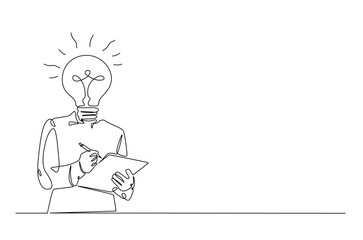 Head lamp person replace with bulb lamp writing notes continuous one line drawing. Creative person with head lamp making notes in single line art illustration. Editable vector.