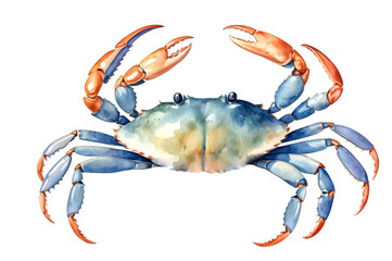 A crab painted with watercolors on a white background. Sea creatures