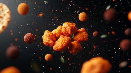 Floating Curried Chicken in Space with Colorful Planets and Cosmic Elements Creating a Whimsical Culinary Scene