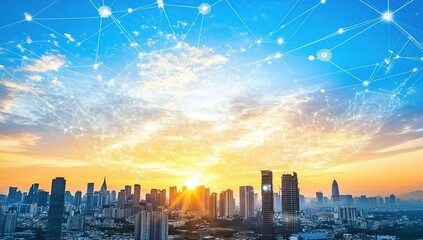 Obraz premium Smart City: Networked Urban Development Transforming Skylines at Sunrise