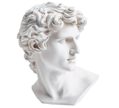 White marble head of young man. Sculpture on the isolated background