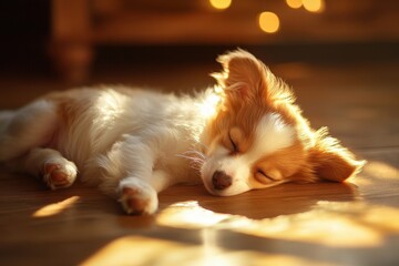 A sleepy puppy curled up in a sunbeam on a wooden floor, with soft fur glowing in the light