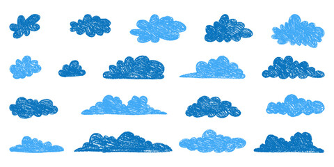 Cute Clouds Drawn on Paper with Grunge Texture. Pencil drawings of clouds. Abstract cartoon and fluffy cloud icons.