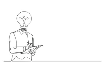 Head lamp person replace with bulb lamp writing notes continuous one line drawing. Creative person with head lamp making notes in single line art illustration. Editable vector.