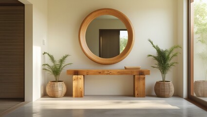A stylish wooden console table holds decorative plants in woven baskets and a mirror above, enhancing the minimalist chic of the entryway with a warm and welcoming atmosphere.