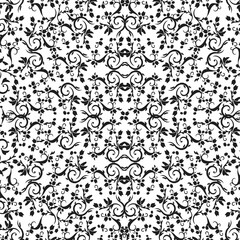 Black floral damask seamless pattern with baroque vines on white. Ideal for bold wallpapers, fabric prints, invitations, gift wrap, and decorative designs.