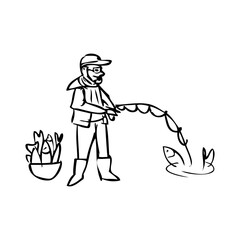 Fisherman caught a big fish with a line, line art vector ink pen hand drawn illustration isolated on white, standing and flyfishing, Holiday traveling for fishing hobby concept, outline design