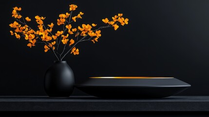 Minimalist composition featuring a black vase with golden blossoms against a dark background, accented by a gold-rimmed vessel, evoking themes of prosperity and elegance.