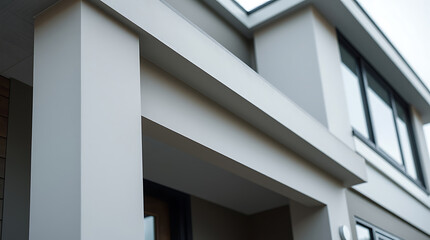 Fototapeta premium Close-up view of a modern home's exterior, showcasing light grey stucco walls, a prominent structural beam, and large dark-framed windows. The image emphasizes architectural details and clean lines.