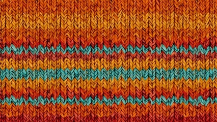 Fototapeta premium Vibrant Knit Texture Pattern, Warm Autumn Hues & Turquoise Stripes - Seamless Hand-Knit Design