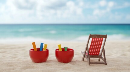 A 3D render of two red beach buckets and a beach chair on a sandy beach with a beautiful ocean view, symbolizing relaxation and leisure.