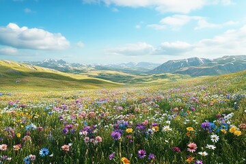 Fototapeta premium Vibrant Wildflower Meadow Blooms Abundantly in Mountain Valley Landscape under a Sunny Sky