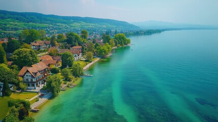 Scenic aerial view of lakefront homes, turquoise lake, lush green hills.  Possible use Travel brochure, real estate ad